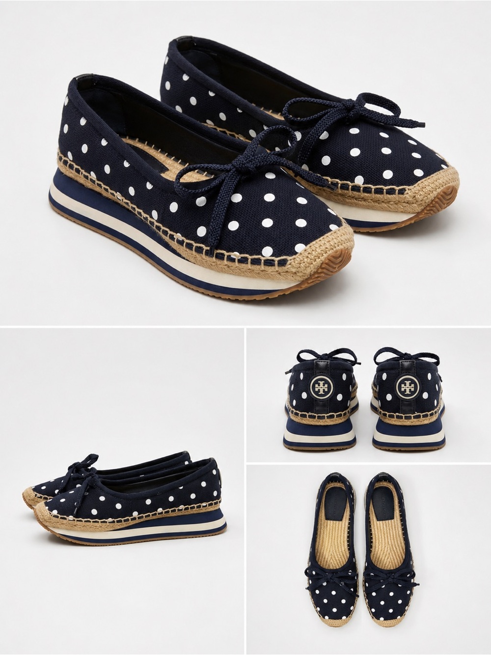 13. Tory Burch Navy Espadrille Flats | 6 | Navy Polka Dot